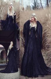 Black Vintage Gothic Wedding Dresses Long Julit Sleeves Straps Corset Lace Hallowen Sweep Train Lace Applique Wedding Gowns vestid6958569