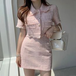 Tweed Skirt Sets Ladies Korean Chic Summer Lapel Crop Pearl Button Tassel Short Coat High Waist Slim Bag Hip Skirt Women 240305