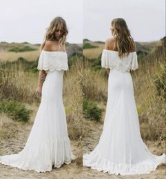 Country Style Boho Wedding Dresses Off the Shoulder White Chiffon Beach Bridal Dresses Custom Made Zipper Up Back Plus Size Bridal7262982