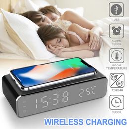 LED Electric Alarm Clock With Phone Charger Wireless Desktop Digital Thermometer Clock HD Clock Mirror With Time Memory LJ200827268M