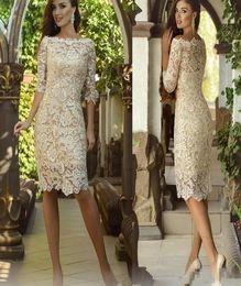 New Cheap Vintage Full Lace Champagne Mother Of The Bride Dresses Off Shoulder Half Sleeves Knee Length Custom Guest Evening Gowns3786165