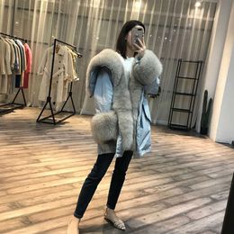 Haining New 2024 Autumn/Winter Raccoon Dog Fox Collar Fur Down Coat Warm Overcoming Women's Mid Length Style 2062