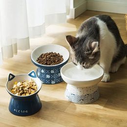 Cat Bowls & Feeders High Foot Ceramic Bowl Neck Protector Pet Food Feeder Water Anti-Overturning Container Dispenser Supplies215z
