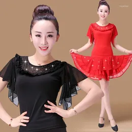 Stage Wear Short Sleeved Dance Attire Latin Performance Women's Lace Gauze Collar Top Fringe Ballroom Dress Standard