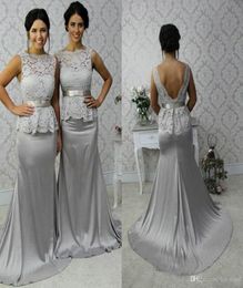 Silver Bridesmaid Dresses Mermaid Bateau Sleeveless Floor Length Lace Long Silver Brides Maid Dress vestido de longo8272930