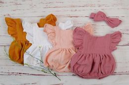 Organic Cotton Baby Girl Clothes Summer New Double Gauze Kids Ruffle Romper Jumpsuit Headband Dusty Pink Playsuit For Newborn 3M312078704