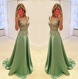 Prom Dresses Plunging V Neck Olive Green Satin Lace Appliques Beaded Illusion Long Evening Gowns Wear Plus Size Formal Party Dress8827908