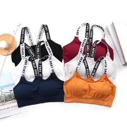 Womens underwear womens beautiful back English letters shoulder straps strapping chest wrapping yoga outerwear sports bra no steel rings