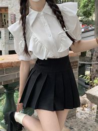 Women's Blouses White Blouse Women Summer Short Sleeve Shirts Female Korean Fashion Preppy Style Tops Ladies Elegant Vintage Sweet Ruffle