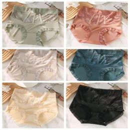 Women's Panties Solid Colour Ice Silk Japanese Style Cotton Crotch Lare Size Seamless Lingerie Lace Middle Waist Briefs Women