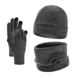 Men Winter Hat and Scarf Gloves Set Soft Warm Man Knitted Beanie Bonnets Fleece Neck Warmer Touchscreen 240227