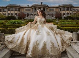 Champagne Pearls Quinceanera Dresses Zipper Back Sweet 16 Dress Long Sleeve Lace Appliqued Beaded Party Prom Gowns4969054