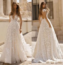 2019 Berta Lace Backless Wedding Dresses A Line Deep V Neck Beach Bridals Gowns Appliqued Sweep Train Bohemian Vestidos De Noiva1081464