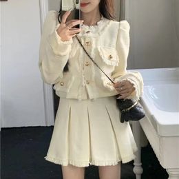 Korean Cropped Blazers Skirt 2 Piece Set Women Beige Black Vintage Casual Top Long Sleeve Outfits Jacket Mini Pleated Suit 240226