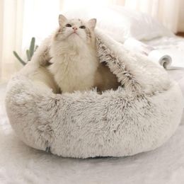 Cat Beds & Furniture Winter 2 In 1 Bed Round Warm Pet House Long Plush Dog Sleeping Bag Sofa Cushion Nest For Small Dogs Cats Kitt319Q