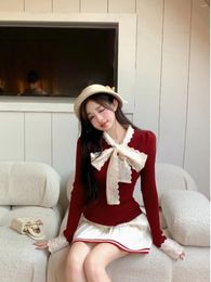 Work Dresses Sweet Girl Suit Women's Spring Lace Bow Knitted Sweater High Waist A-line Mini Skirt Two-piece Set Fashion Female Clothes