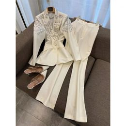 Turn Down Collar Rhinestone Beaded Suit Jacket OL Slim Waist Diamonds Blazers Coat Beading Cardigan Tops Crystal Pants 2pcs Set 240305