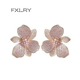 FXLRY Design Fashion Golden Colour Cubic Zirconia Big Flower Stud eEarring For Women Wedding Bride Jewellery 240228