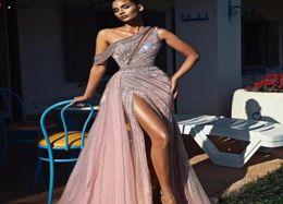 2022 Elegant Off Shoulder Long Prom Dresses Full Beaded For Arabic Women Sexy Front Split Formal Evening Pageant Gowns Robe De Soi9262267