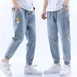 Men's Jeans Loose Strap Y2k Halen Cropped Casual Drawstring Cargo Pants Man Straight Denim Trousers Streetwear