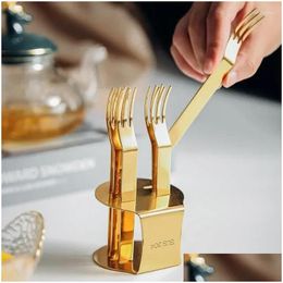 Forks 6Pcs Gold Fruit Fork With Stand Stainless Steel Coffee Tea Set Cake Dessert Mini Afternoon Party Sier Cutlery Drop Delivery Home Oturl