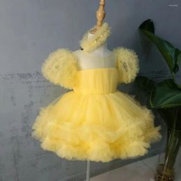 Girl Dresses Yellow Flower For Wedding Puffy Tulle Tiered Kids Birthday Party Princess Sheer Neck Toddler Baby Ball Gown