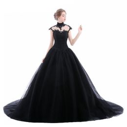 2019 Ball Gown Black Gothic Wedding Dresses High Neck Lace Tulle Corset Lace-Up Back Women Non White Bridal Gowns With Colour Custo271P