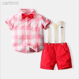 Clothing Sets Baby Boys Gentleman Style Clothing Sets Summer Children Short Sleeve Shirt With Bowtie+Suspender Shorts Set Kids Suit Boy Outfits ldd240311