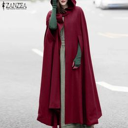 Stylish Long Cape Cloak ZANZEA Women Hooded Wool Blend Cloak Coat Autumn Hoodies Poncho Warm Cosplay Jackets Outwear Windbreaker 240309