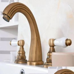 Bathroom Sink Faucets Vintage Retro Antique Brass Deck Mounted Dual Handles Widespread 3 Holes Basin Faucet Mixer Water Taps Aan070 Dr Otvnx