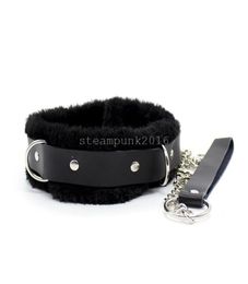 Restriant Slave Black Faux Leather Fur Plush Buckled Neck Collar Chain Leash AU8762442322