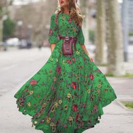 Casual Dresses Women Maxi Dress Flower Print A-line Big Swing High Waist Round Neck Half Sleeve Pleated Breathable Spring Fall Evening
