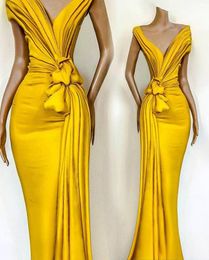 Yellow 2020 African Evening Dresses Pleats Knoted Mermaid Prom Gowns V Neck Short Sleeve Ruffles Formal Party Celebrity Gowns8043179