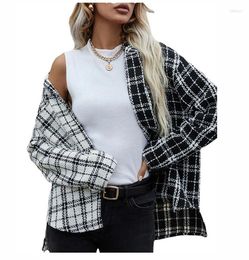 Women's Jackets 2024 Autumn Fashion Long-sleeve Shirt Black And White Stitching Plaid Single Breasted Cardigan Coat