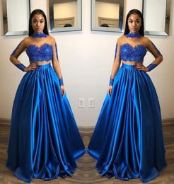 Royal Blue Two Pieces Prom Dresses Lace Appliques Sheer High Neck Long Sleeves Evening Gowns Floor Length Zipper Back Cheap Party 1465057