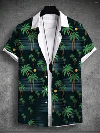 Men's Casual Shirts Summer Tropical Print Hawaiian Beach Vacation Set Plant Coconut Tree Short Sleeve T-Shirt 4-Way Stretch Fabric