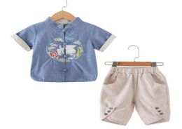 Chinesischen Stil Sommer Retro Tang-anzug Jungen T-shirt Shorts Mädchen Stickerei Tops Kinder CottonLinen Kleidung Für 210T Kinder Y20033313603