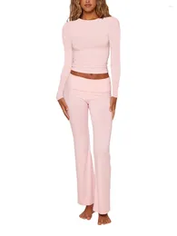Women's Pants Women S Two Piece Suit Lounge Set Slim Fitted Long Sleeve T-shirt With Low Waist Flare Yoga Tracksuit