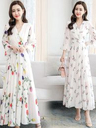 Casual Dresses Chiffon Dress Long Summer Flared Sleeves French Elegant Temperament Floral Skirt Women's