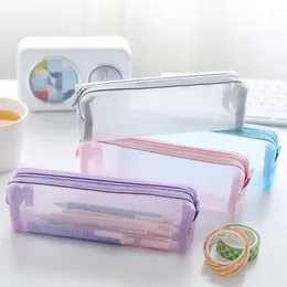 Solid Color Zipper Transparent Mesh Pencil Case Pen Storage Bag Student Gift