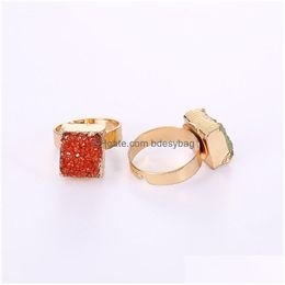 Solitaire Ring Natural Crystal Druzy Stone Adjustable Square Shape Rings For Women Men Party Club Decor Gold Plated Fashion Jewellery Dr Dhgdq