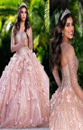 2023 Ball Gown Quinceanera Dresses Bridal Gowns Blush Pink Sparkly Sequined Crystal Beads Illusion Corset Back Long Sleeves Sweet 7857911