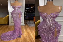 Evening Dress 2023 Long Lace Appliques Flowers Mermaid Prom Gowns Women High Split Purple Special Occasion Dresses4739462