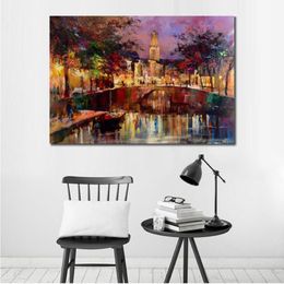 Modern Landscape Oil Painting Canal in Utrecht Hand Painted City Scape Canvas Willem Haenraets Artwork Reproduction Colourful Bridg225H