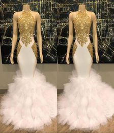 Gorgeous Halter Gold and White Prom Dresses Ruffles Tulle Real Pictures Mermaid Formal Cocktail Party Dresses Evening Gowns3806332