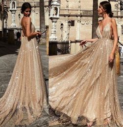 Sparkly Sequins Prom Dresses Long Deep V Neck Straps Full Length Boho Backless Special Occasion Evening Gown Cheap Robes en paille6359375