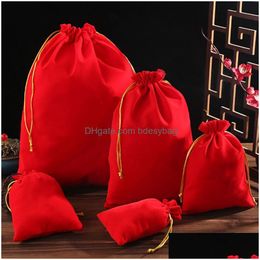 Jewellery Pouches Bags 10X15Cm 13X18Cm Bag Red Colour Beaded Bracelet Necklace Earring Dstring Packaging Party Supplies Drop Delivery Pac Dhkcj