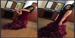 2019 Strapless Mermaid Prom Dresses Burgundy Satin Zipper Back Cocktail Party Gowns Button Tiered Skirts Formal Evening Dresses Cu5658665