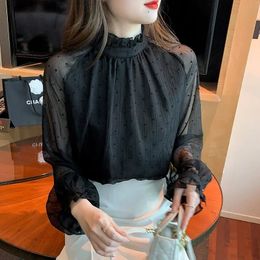 Spring and Summer Womens Long Sleeve Casual Black Lace Mesh Ruffle Collar Solid Chiffon Shirt Tops Blusas De Mujer C335 240226