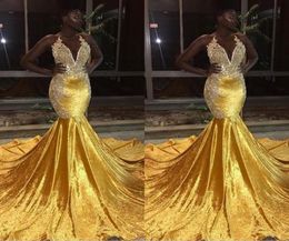 New Gold Mermaid Prom Dresses for Black Girls Sheer Crew Neck Appliques Long Fishtail Evening Gowns Cheap Formal vestidos festa5646497